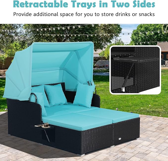 Salches Outdoor Daybed, Patio Daybed with Retractable Canopy, High-Resilient Soft Cushions, Foldable Side Trays, Outdoor Bed Loveseat for Garden, Backyard, Porch (Turquoise)