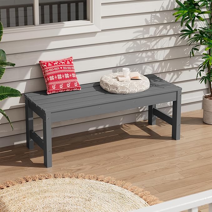SERWALL 47 Inches Outdoor Bench, All Weather HDPE Backless Bench with Wood Grain Texture for Garden Porch and Park, Curved Bench Seat for Comfort, Grey