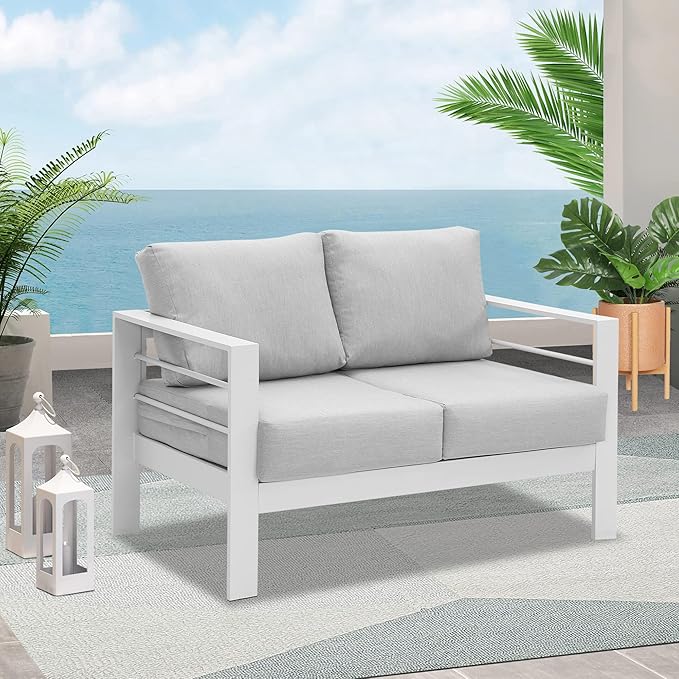 Wisteria Lane Patio Furniture Aluminum Loveseat, All-Weather Outdoor 2 Seats Sofa Couch, White Metal Chair with Light Grey Cushions