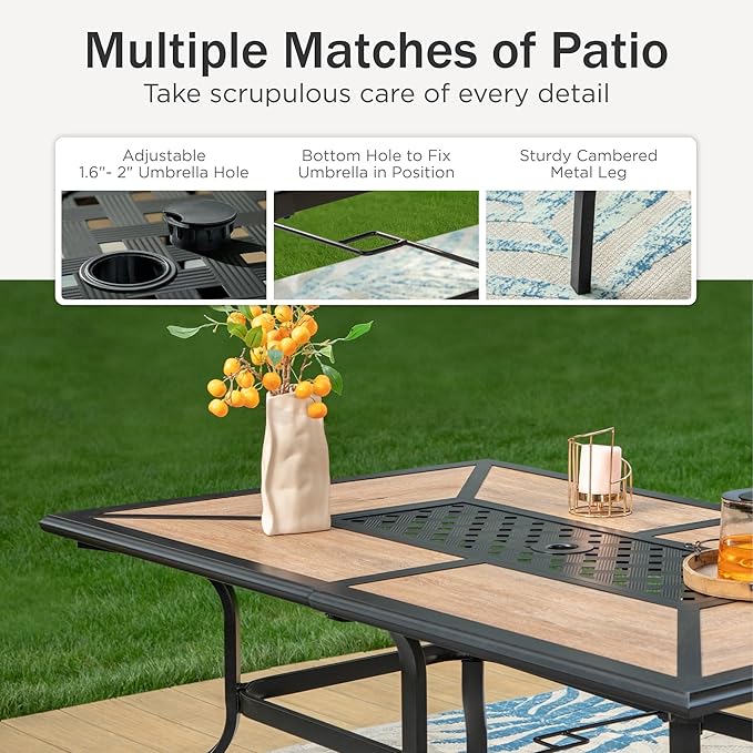 PHI VILLA Outdoor Patio Dining Set with Umbrella for 6 Person, Outdoor Swivel Dining Chairs & 1 Large Wooden-Like Top Table with 13ft Navy Blue Outdoor Umbrella(No Base) for Deck Lawn Garden Backyard