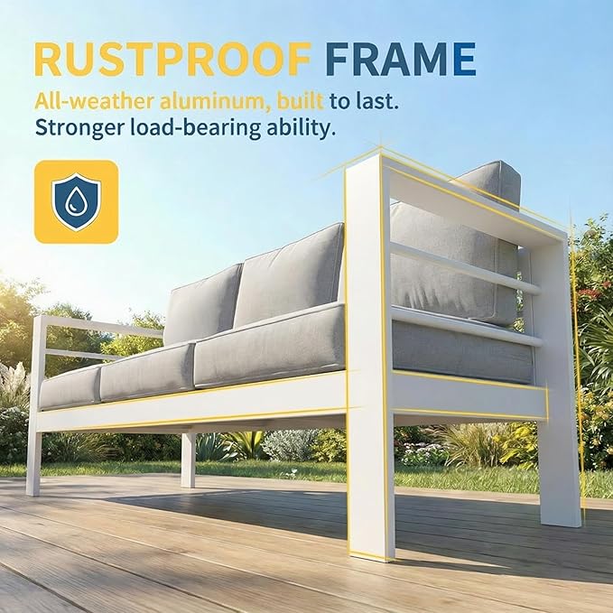 Solaste Aluminum Patio Furniture Set for All Weather, Oversized Metal Outdoor Furniture Set with 27.5" Deep Seating and 3.2" Wide Armrest, Outdoor Patio Sofa with 10" Back Suport Cushion