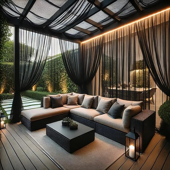 Extra Wide Outdoor Curtains Waterproof Black Voile Mesh Screen Lightweight Privacy Bug Netting for Patio Porch Balcony Pergola Terrace, W125 x L84 inch per Panel, 2 Panels