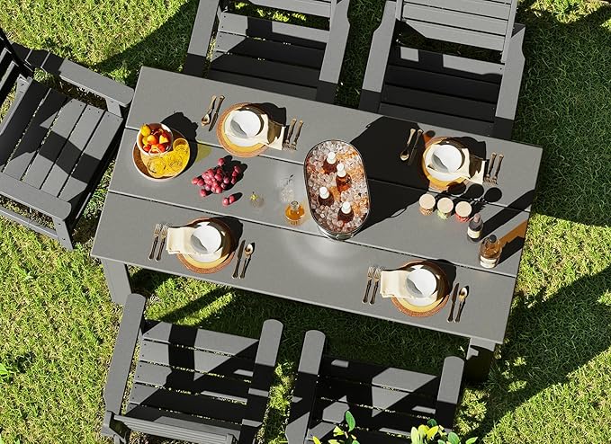 GREENVINES 7-Piece Outdoor Dining Set | HDPE | Patio Table and Chairs Sets for 6 | Patio Furniture | All Weather | Umbrella Hole | Grey | for Backyard Poolside Garden