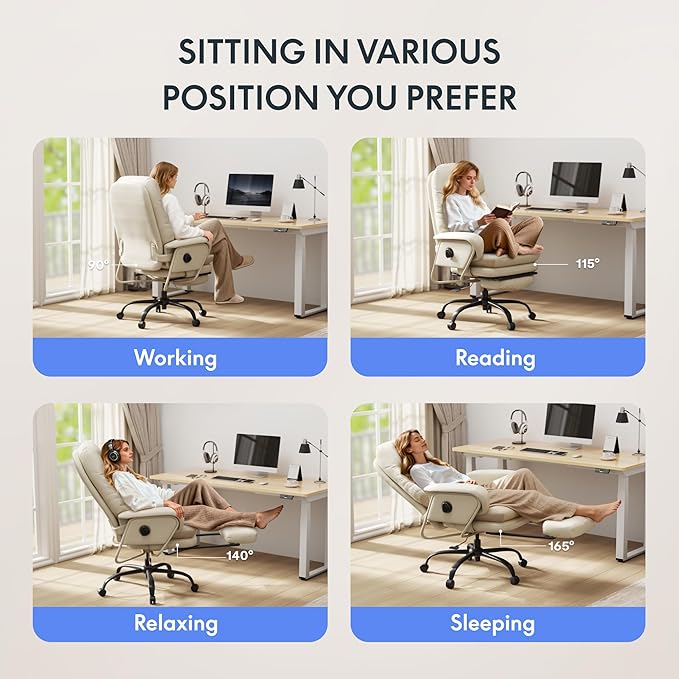 FLEXISPOT Luno 2-in-1 Chaise Lounge Chair Indoor with Wheels Footrest 90-165° Reclining Lumbar Support, Home Office Chairs for Living Room Bedroom Study Working Relaxing, Leather, Beige White