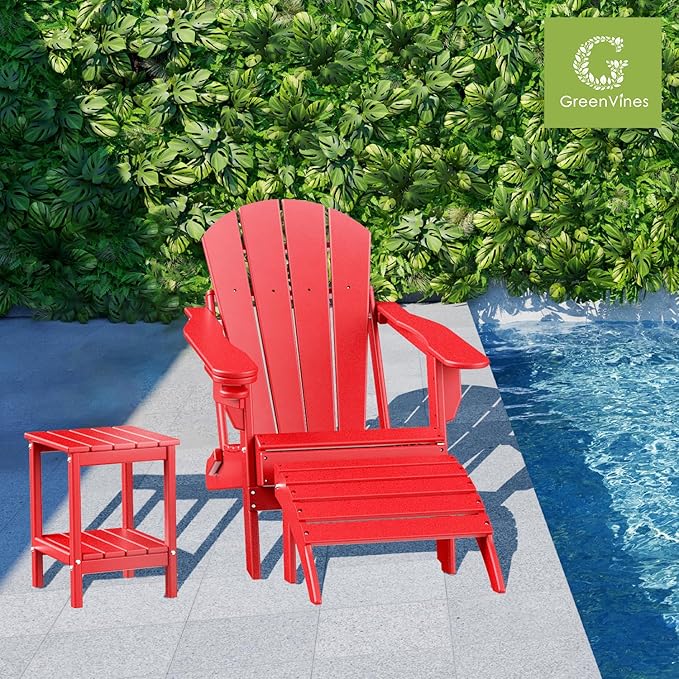 GREENVINES Adirondack-Outdoor-Side-Table | 14 x 13 Inches | HDPE Plastic | All Weather | Red | Outside End Tables | Storage Shelf | for Patio Porch Backyard Indoor