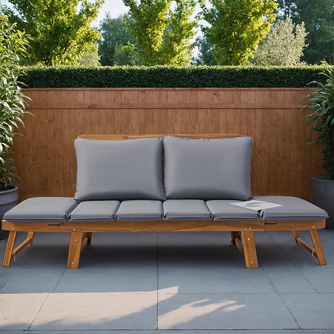 Greesum Patio Convertible Couch Sofa Bed with Adjustable Armrest, Acacia Wood Outdoor Daybed with Cushion & Pillow, Folding Chaise Lounge Bench for Porch Courtyard Poolside，Gray