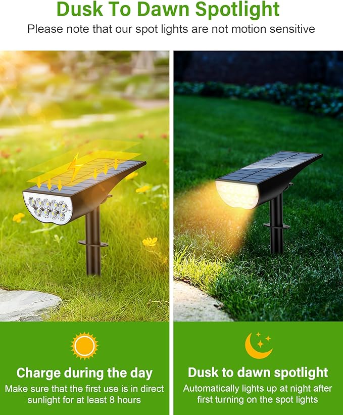 Solar SpotLights Outdoor Waterproof, Solar Lights Outdoor IP65 Waterproof, 3 Brightness Modes Dusk to Dawn Solar Landscape Lights for Yard Garden Pathway Tree Decoration, Warm White, 2 Pack