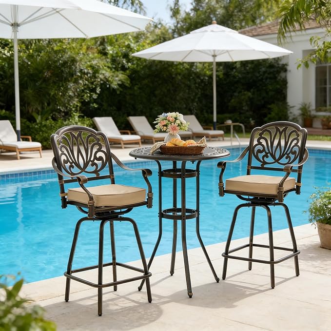 3 Piece Swivel Outdoor Table and Chairs Bar Set , All-Weather Cast Aluminum Outdoor High Top Patio Bar Set Bistro Set, High Swivel Stools with Cushions Umberlla Hole for Balcony, Poolside,Garden,Lawn