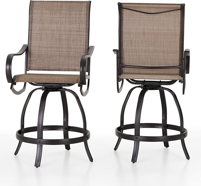 PHI Villa Outdoor Swivel Bar Stools Set of 2, Counter Height Patio Chairs with Waterproof Textile Fabric Brown, Rustproof Metal Frame & Circular Footrest for Poolside, Garden, Yard
