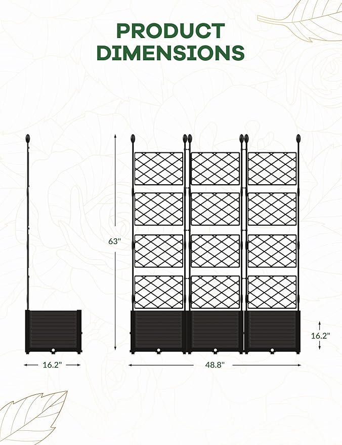 3 PCS Raised Garden Bed with Trellis, 48" LX16 WX63 H Plastic Planter Box for Climbing Plants, Outdoor Vertical Garden with Privacy Screen for Patio, Balcony, Backyard – Sturdy & Lightweight