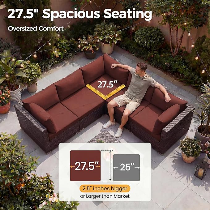 NICESOUL 7 Piece Outdoor Sofa Sectional with Firepit Natural Gas & Propane, Extra Large Patio Furniture Set for Heavy People, Deep Modular Wicker Conversation Sitting, Brown Rattan and Red Cushion