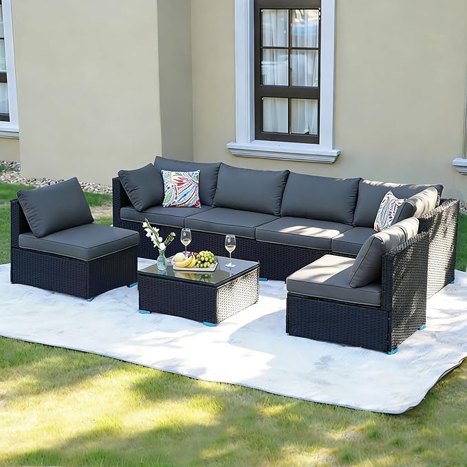7 Piece Outdoor Patio Furniture Sets, Black Patio Sectional Furniture All-Weather PE Rattan Sectional Sofa, Outdoor Wicker Conversatin Set w Glass Coffee Table for Backyard, Garden, Porch