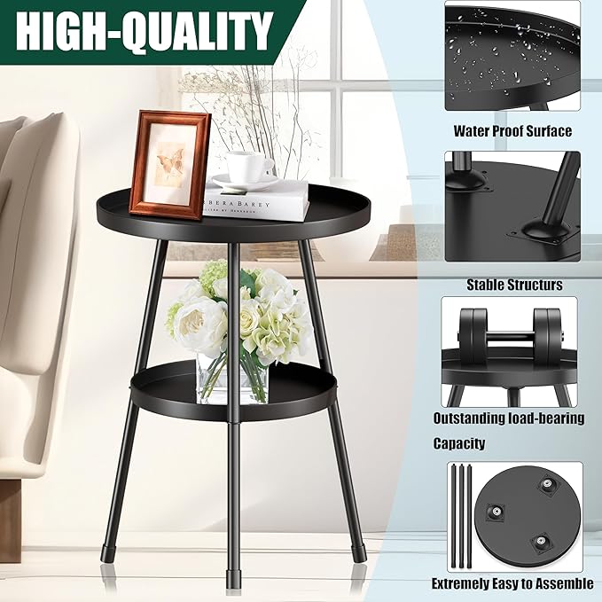 SYQ Round Metal Side Table Small End Table for Indoor Outdoor, Mid Century Modern Decor, Simple Circle Accent Table for Living Room Bedroom Bathroom Office All Matte Black