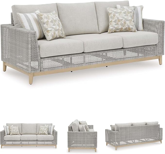 Signature Design by Ashley Seton Creek Cottage Nuvella Weather Resistant Fabric Outdoor Sofa with Cushion and 4 Throw Pillows, Light Brown & Light Gray
