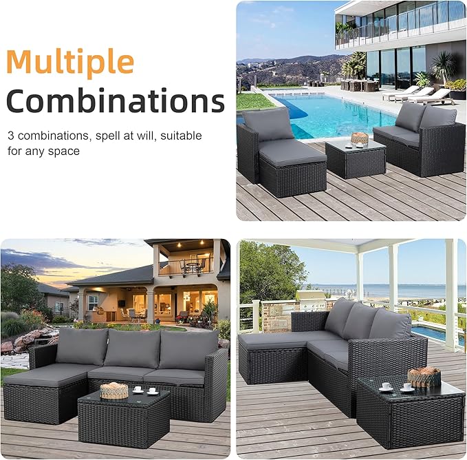 Shintenchi Outdoor Patio Furniture Sets, Small Outdoor Sofa Patio Sectional Sets 3-Piece All Weather Wicker Rattan Patio Seating Sofas with Glass Coffee Table and Cushion (Gray)