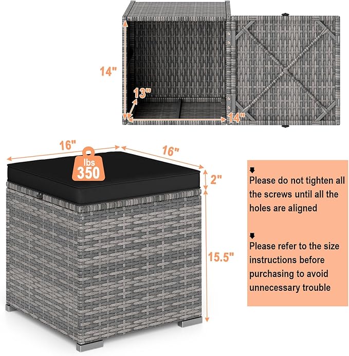 RELAX4LIFE Wicker Outdoor Storage Ottoman - 2-Piece Rattan Footstool w/Removable Cushion, Multipurpose Footrest Foot Stool Seating, Set of 2 Outdoor Ottomans for Patio Deck (Mix Grey-Black)