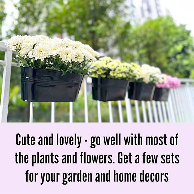 LaLaGreen Rail Planter Outdoor Plants(11.8 Inch, 10 Pack) Black Metal Iron Hanging Flower Pots Deck Railings Fence Buckets Modern Countryside Boho Style Wall Mount Window Box Plant Holder Porch Decor