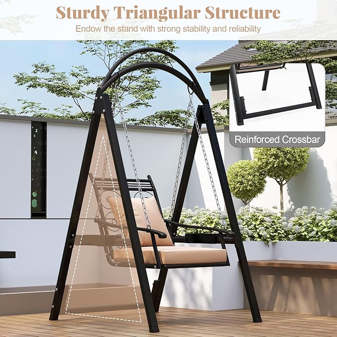 Tangkula Porch Swing with Stand, Outdoor Patio Swing with Heavy-Duty Metal Frame, Removable Cushions, Side Tables, Armrests for Garden, Balcony, Backyard, Poolside