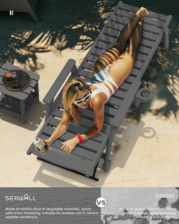 SERWALL Patio Chaise Lounge Chair, 78'' Long HDPE 5 Positions Adjustable Outdoor Lounger, Poly Lounge Chair with Rolling Wheels & Cup Holder for Pool, Slate Gray
