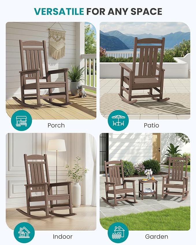 SERWALL HDPE Outdoor Rocking Chair Set of 4, Patio Rocking Chairs, All-Weather Porch Rockers for Adults, Brown