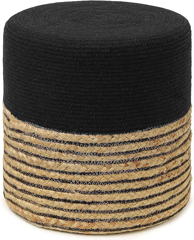 REDEARTH · Cylindrical Pouf Ottoman - Braided Pouffe Accent Sitting Round Footrest for Living Room, Bedroom, Nursery, kidsroom, Patio, Gym; 70% Cotton 30% Jute, (14.5X14.5X16; Black Natural)
