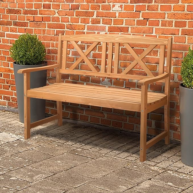 Outvita Wooden Garden Bench, Outdoor Wood Patio Bench, Rustic 2-Person Loveseat Chair w/Armrest for Porch Poolside Park Backyard Balcony, Capacity 605Lbs, X Backrest