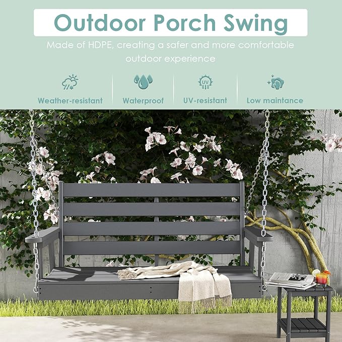 IVY&LANE Outdoor Porch Swing | HDPE Plastic | 2-Person | Hanging Bench Swings | Weatherproof | 4 Stainless Steel Chains | Grey | for Outside Patio Garden Backyard Tree