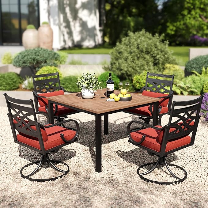 PHI VILLA 5 Pieces Outdoor Dining Set for 4, 42" Square Brown Metal Table with Umbrella Hole & Wrought Iron Swivel Chairs, Large Outside Furniture with Red Cushions & Pillows for Patio, Deck, Porch