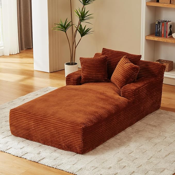 78.7" Chaise Lounge Chair Indoor, Oversized Boneless Couch Comfy Upholstered Sleeper Sofa Bed with 3 Pillows, Corduroy Cloud Reading Chair for Living Room No Assembly Required, Orange