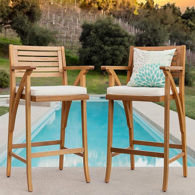 Best Choice Products Set of 2 Outdoor Acacia Wood Bar Stools Bar Chairs for Patio, Pool, Garden w/Weather-Resistant Cushions - Cream