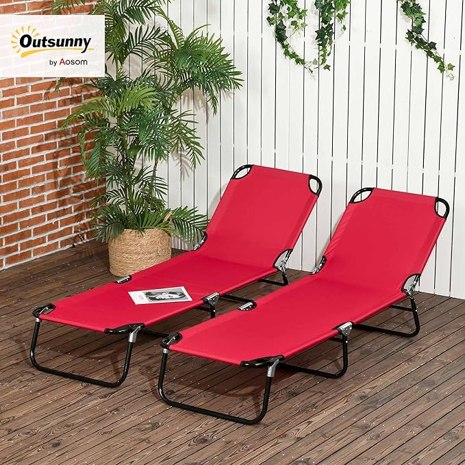 Outsunny 2 Piece Folding Chaise Lounge Pool Chairs, Outdoor Sun Tanning Chairs with 5-Level Reclining Back, Steel Frame for Beach, Yard, Patio, Red