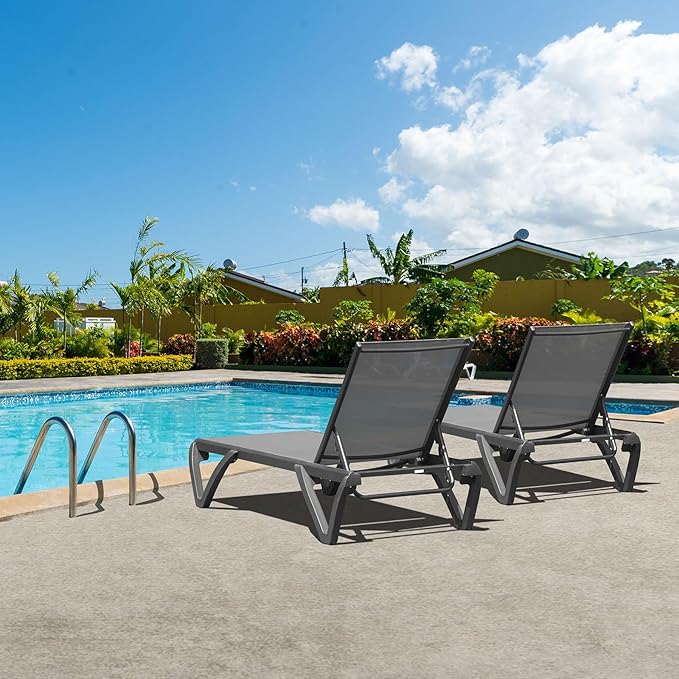 Domi Pool Lounge Chairs Set of 2, Aluminum Adjustable Outdoor Chaise Lounge with Wheels, All Weather Outdoor Lounge Chair for Deck Lawn Patio Backyard, Textilene - Gray
