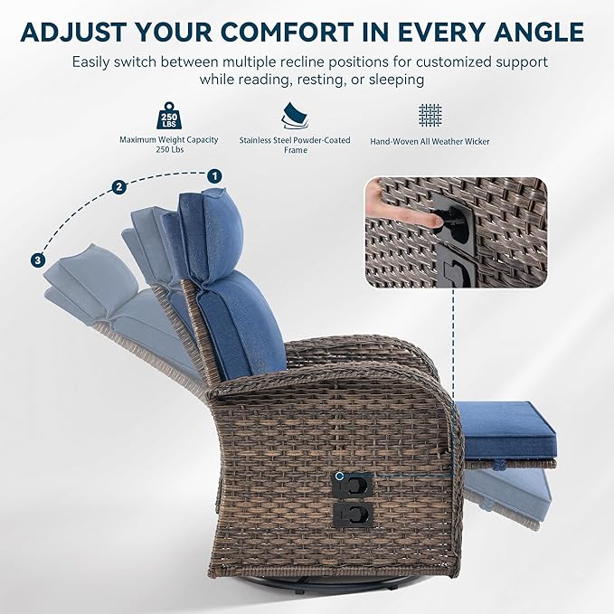 3 Pieces Zero Gravity Patio Swivel Rocking Recliner Chairs Set of 2 - Wicker Outdoor Lounge Chair with Side Table, Adjustable Backrest & Footrest, High Back Outdoor Recliner Chair for Pool Deck Blue