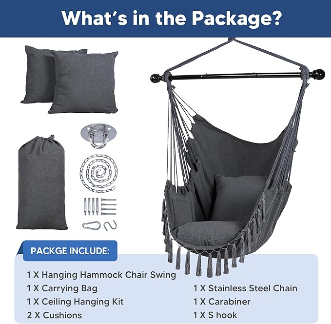 SUNCREAT Hammock Chairs Hammock Chair Swing with Steel Support Bar, Side Pocket, Large Swing Chair for Bedroom, Patio, Garden, Dark Gray
