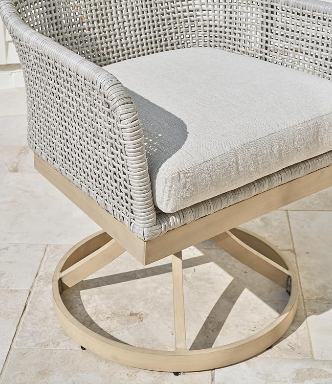 Signature Design by Ashley Seton Creek Cottage Nuvella Weather Resistant Fabric Outdoor Swivel Dining Chair with Cushion, Set of 2, Light Brown & Light Gray
