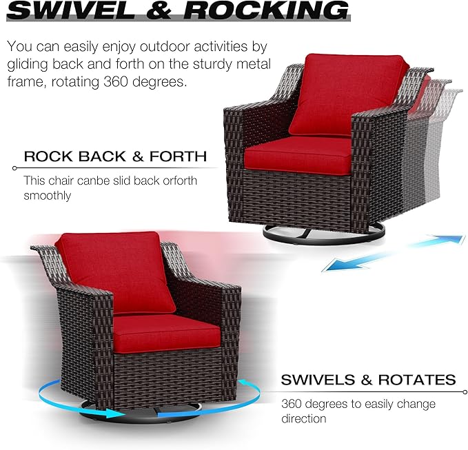 Joyside Wicker Patio Furniture Sets, 9 Pieces Upgraded Large Size Outdoor Furniture with 4 Swivel Rocking Patio Chairs, 3-Seat Sofa, Outdoor Ottoman, Thick Cushions, Wide Armrest, Red