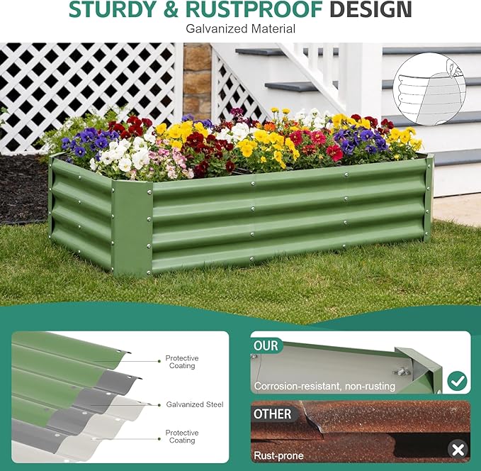 Galvanized Raised Garden Bed - 4x2x1ft (2Packs) Metal Garden Planter Box Outdoor | Steel Raised Bed Kit with Bracing Rods, Gloves for Gardening Vegetables Fruits and Flowers (Oliver Green)