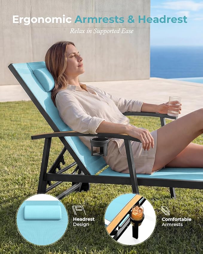 Ciokea Outdoor Lounge Chair with Pillow, 5-Position Aluminum Chaise Lounge with Wheels & Armrests, 400 lbs Heavy Duty Patio Pool Chair for Deck, Backyard, Beach & Poolside, Lake Blue
