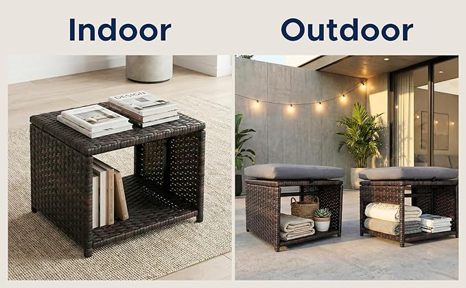 Outdoor Storage Ottoman (Set of 2) - All-Weather Wicker Patio Footstool with Washable Cushions - Sturdy Rattan Foot Rest & Hidden Box for Deck, Porch, Backyard & Balcony