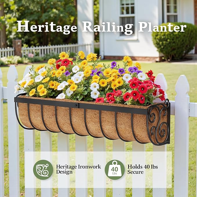 Railing Planter Boxes, 24 Inch Window Boxes Planters, Balcony Planters with Adjustable Brackets & Coco Liner & Support Rod for Outdoor Fence, Deck, Porch, and Patio Gardening, 3 Pack