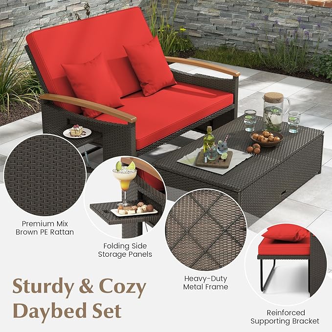 LDAILY Moccha Outdoor Wicker Daybed, Patio Rattan Loveseat Sofa w/ 4-Level Adjustable Backrest, Folding Panels, Storage Ottoman & Cushions, Lounge Furniture Set for Poolside Backyard Porch (Red)