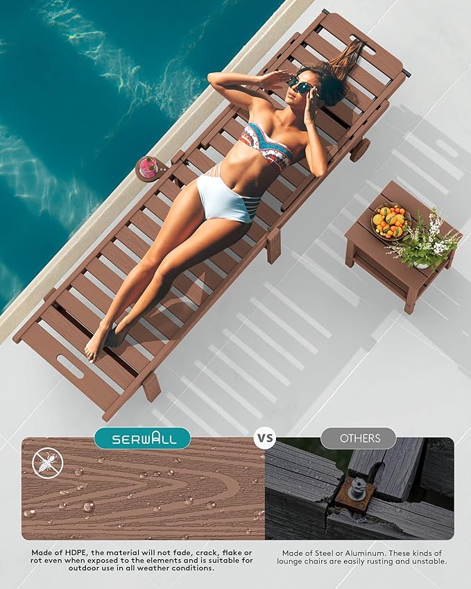 SERWALL Outdoor Chaise Lounge Set of 2, All-Weather HDPE Pool Lounge Chairs with 5-Position Adjustable Reclining Backrest, Rolling Wheels & Cup Holder for Poolside, Brown