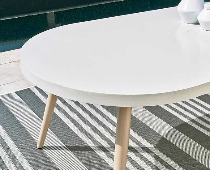 Signature Design by Ashley Seton Creek Casual Aluminum Outdoor Dining Table with Umbrella Hole and Cover Cap, White & Light Brown