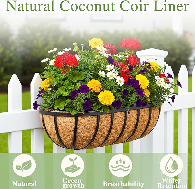 30 Inch Railing Planter Window Box Deck Balcony Rail Planter with Coco Liner Metal Wall-Mounted Coconut Liner Basket English Horse Trough for Outdoor Balcony Porch Fence Patio (2 Pack)