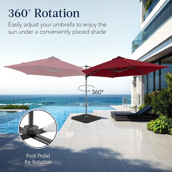 Best Choice Products 10ft Solar LED Offset Cantilever Hanging Market Patio Umbrella, Smooth 360° Rotation, 8 Sturdy Ribs, Easy Adjustment - Burgundy