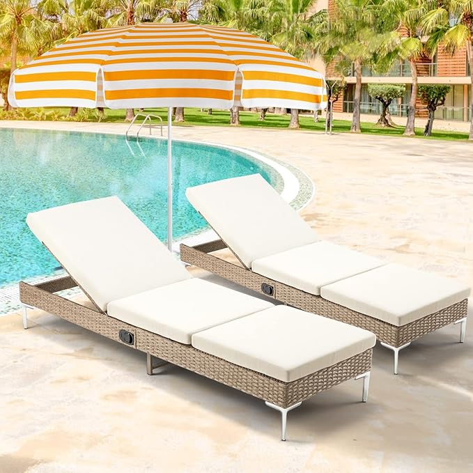 HOMREST Outdoor Chaise Lounge Chair Set of 2, Patio Wicker Lounge Chairs with Adjustable Backrest, Rattan Pool Sunbathing Chaiser with Removable Cushion (Khaki)