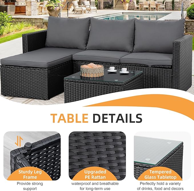 Shintenchi Outdoor Patio Furniture Sets, Small Outdoor Sofa Patio Sectional Sets 3-Piece All Weather Wicker Rattan Patio Seating Sofas with Glass Coffee Table and Cushion (Gray)