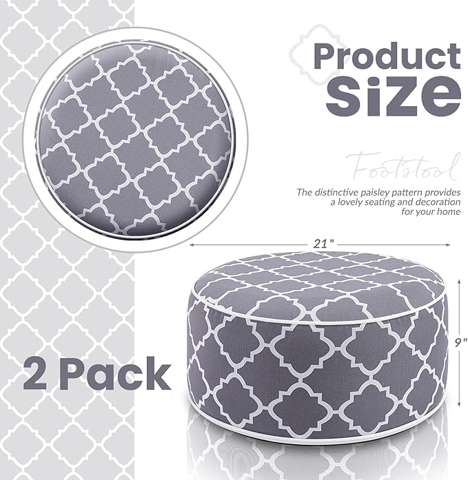 Juexica 2 Pack Outdoor/Indoor Inflatable Ottoman, All Weather Round Pouf with Handle D21 x H9, Water Repellent Portable Footstool Pouf for Patio Garden Camping or Home