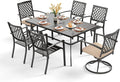 PHI VILLA 7 Pieces Outdoor Dining Set for 6, 59" Rectangle Wrought Iron Table with Umbrella Hole & Swivel Fixed Chairs with Cushions, Modern Metal Furniture for Patio, Deck, Yard, Porch