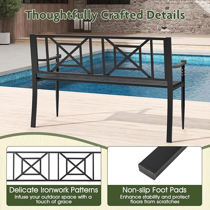 Giantex Metal Outdoor Bench with Backrest, Curved Armrests, Non-Slip Foot Pads, Slatted Seat for 2-3 Persons, Load 660lbs, Loveseat, Patio Bench for Garden, Yard, Poolside, Lawn, Porch, Park, Black